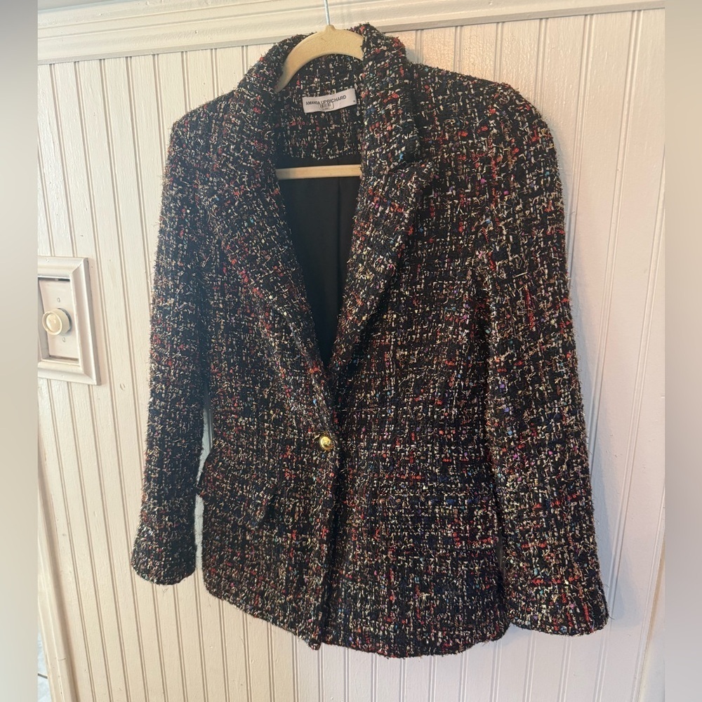 Amanda Uprichard Black Tweed Metallic Confetti Single Button Medium Blazer